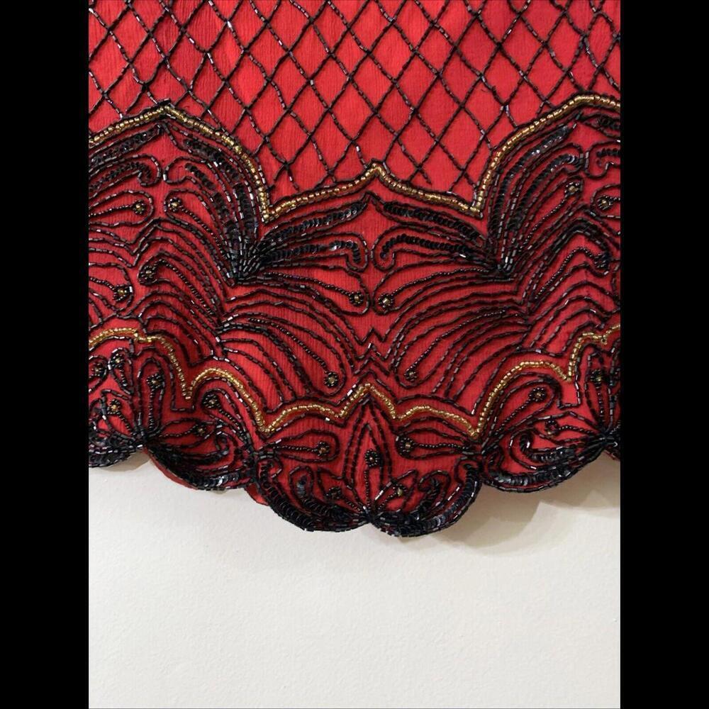 VTG Papell Boutique Womens Sz L 100% Silk Red Beaded Blouse Holiday Cocktail - Picture 7 of 9